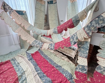 1700's 11 piece SET  SILK  brocade century French Bed Hanging 18th  Marie Antoinette quilt valance canopy cover boutis curtains curtain
