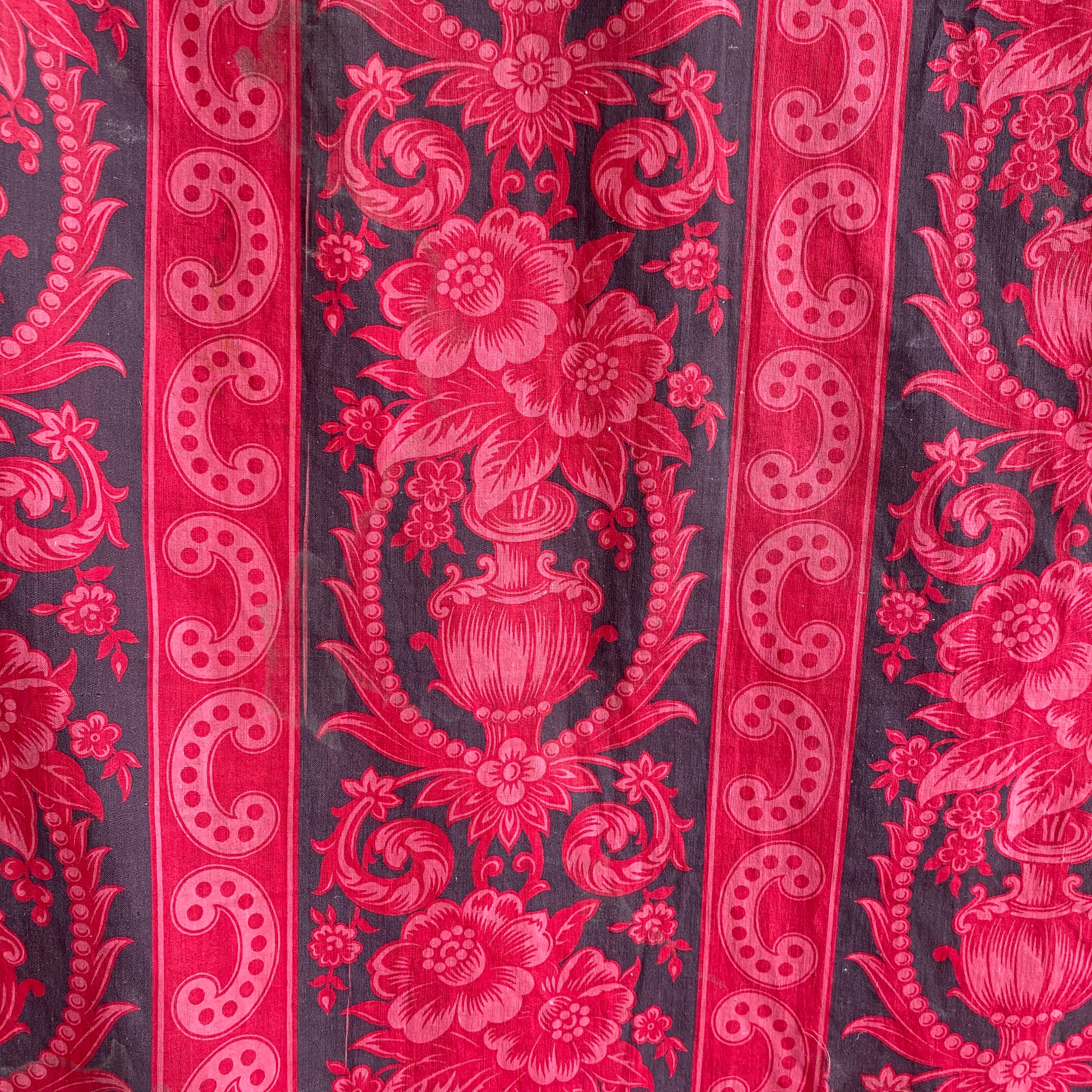 Authentic Rococo Textiles Rococo 1860 Antique French Fabric Red Black Roller Printed Cotton for ...