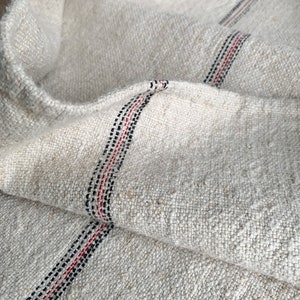 Grain Sack Fabric Linen Feedsack Wide Grainsack red blue stripes washed linen hemp organic fabric Coastal home  eco-friendly