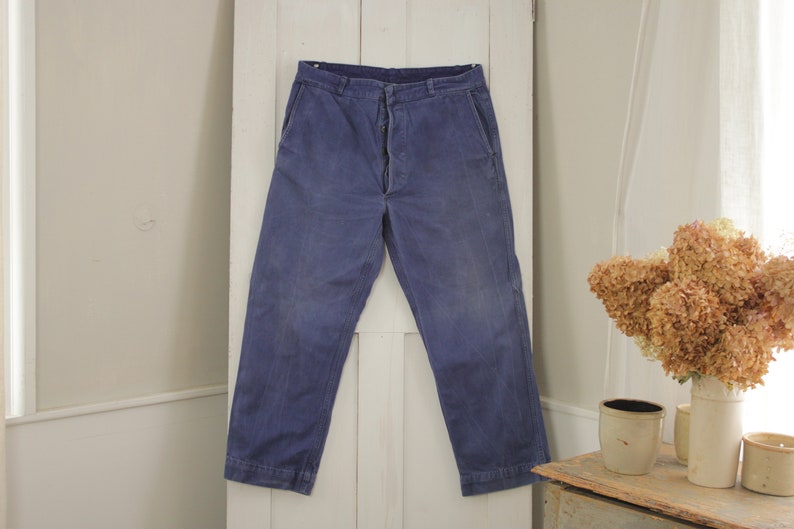 Vintage Pants French work wear dark blue denim jeans faded hipster trousers or slacks 35 inch waist