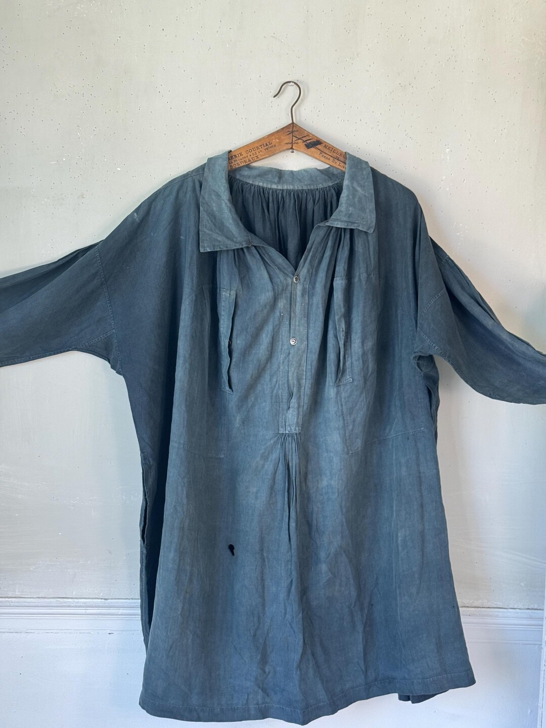 38 X 80 Antique Indigo Blue French Linen Smock Shirt Mid