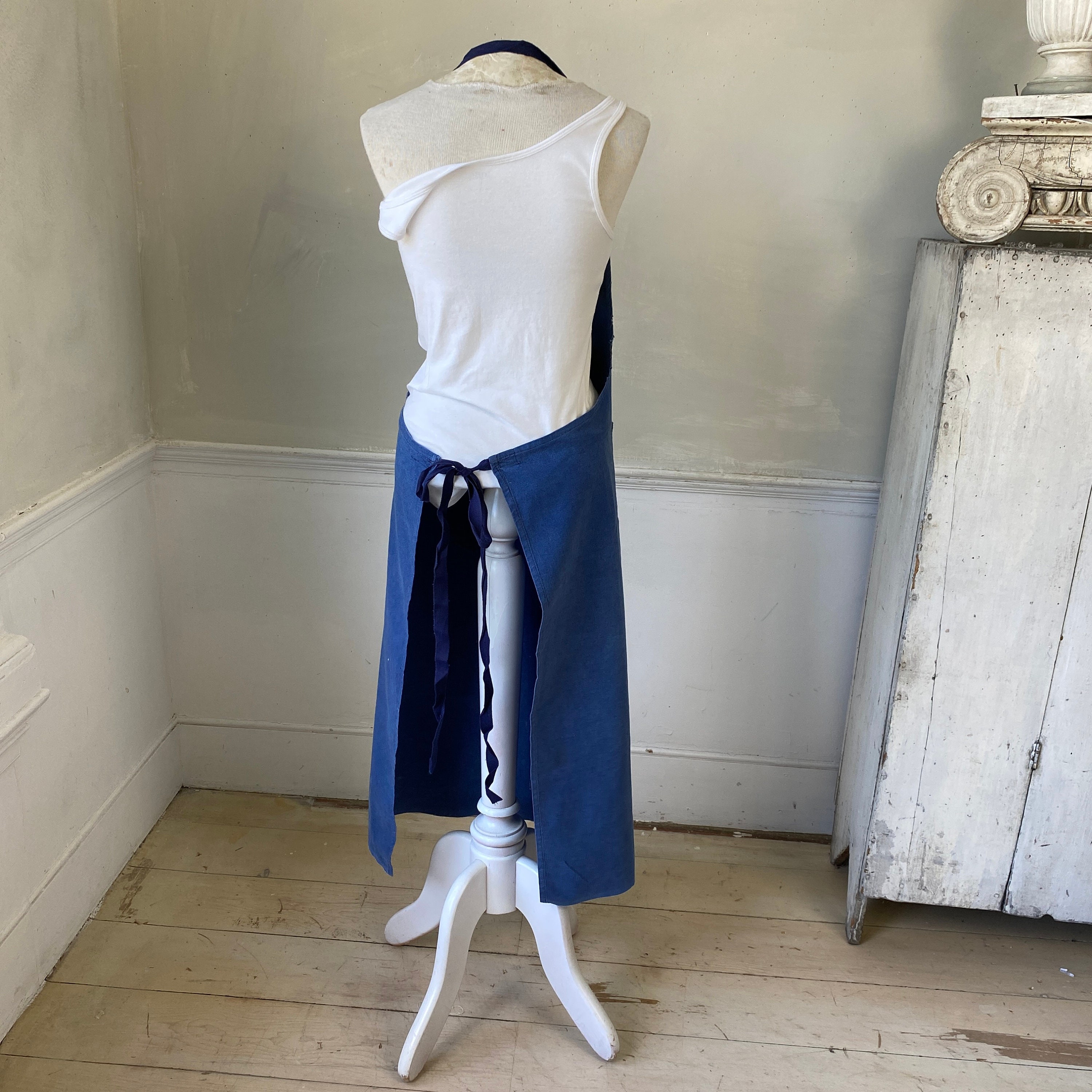 Vintage 1930s Apron French Faded Blue Cotton Denim Workwear