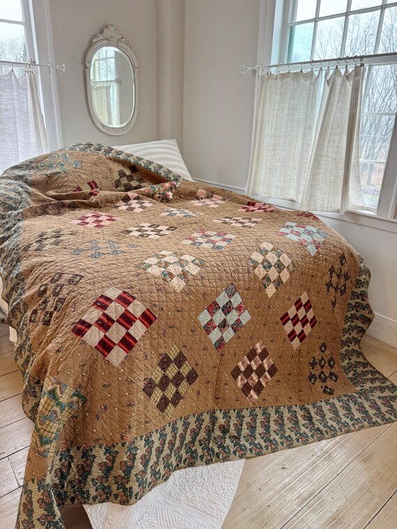 105x84 英語 更紗 パッチワーク キルト 18世紀 19世紀 布地 光沢加工