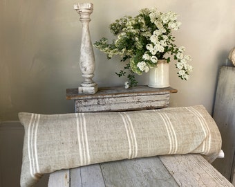 Antique French bolster pillow bench cushion slipcover slip cover Beige cream linen cotton blend France Country Farmhouse