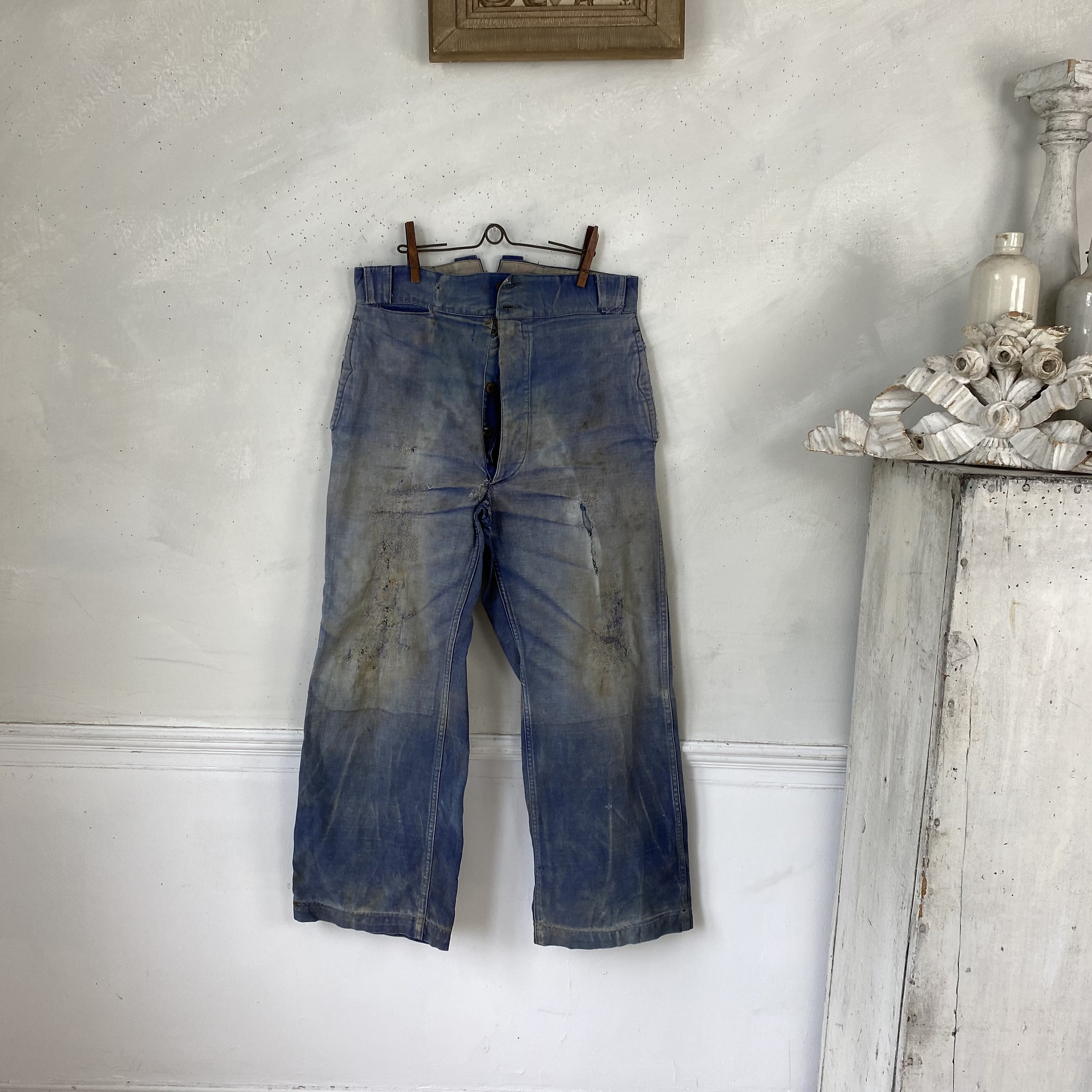 Distressed Blue Jean Cotton Pants Vintage French Workwear Distressed Blue Jean Cotton Pants Vintage French Workwear