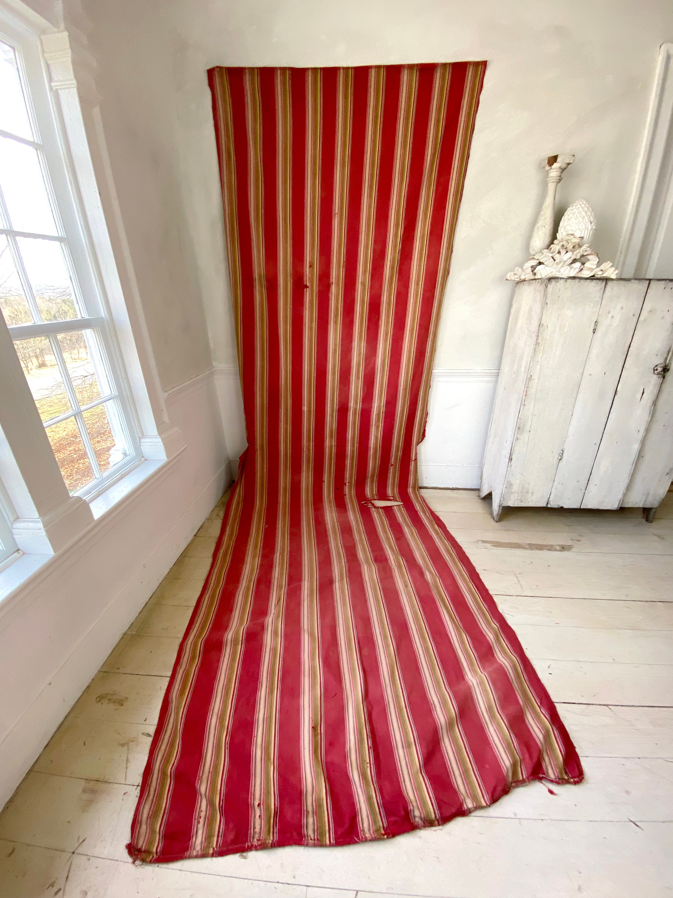 Distressed Ticking French Fabric Vintage 1920s Red Stripes Striped