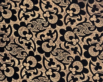 81x36 Black + Gold   BEAUTIFUL Printed SOFT cotton  Antique fabric 19th century