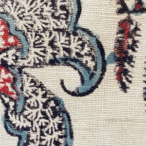 Pu&ograve; includere: Primo piano di un tessuto con un motivo paisley in tonalit&agrave; di blu, nero e rosso su uno sfondo beige.