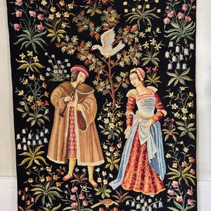 40x50 French vintage tapestry wall hanging medieval courtship scene floral millefleurs decor castle wall art cottage gothic romantic