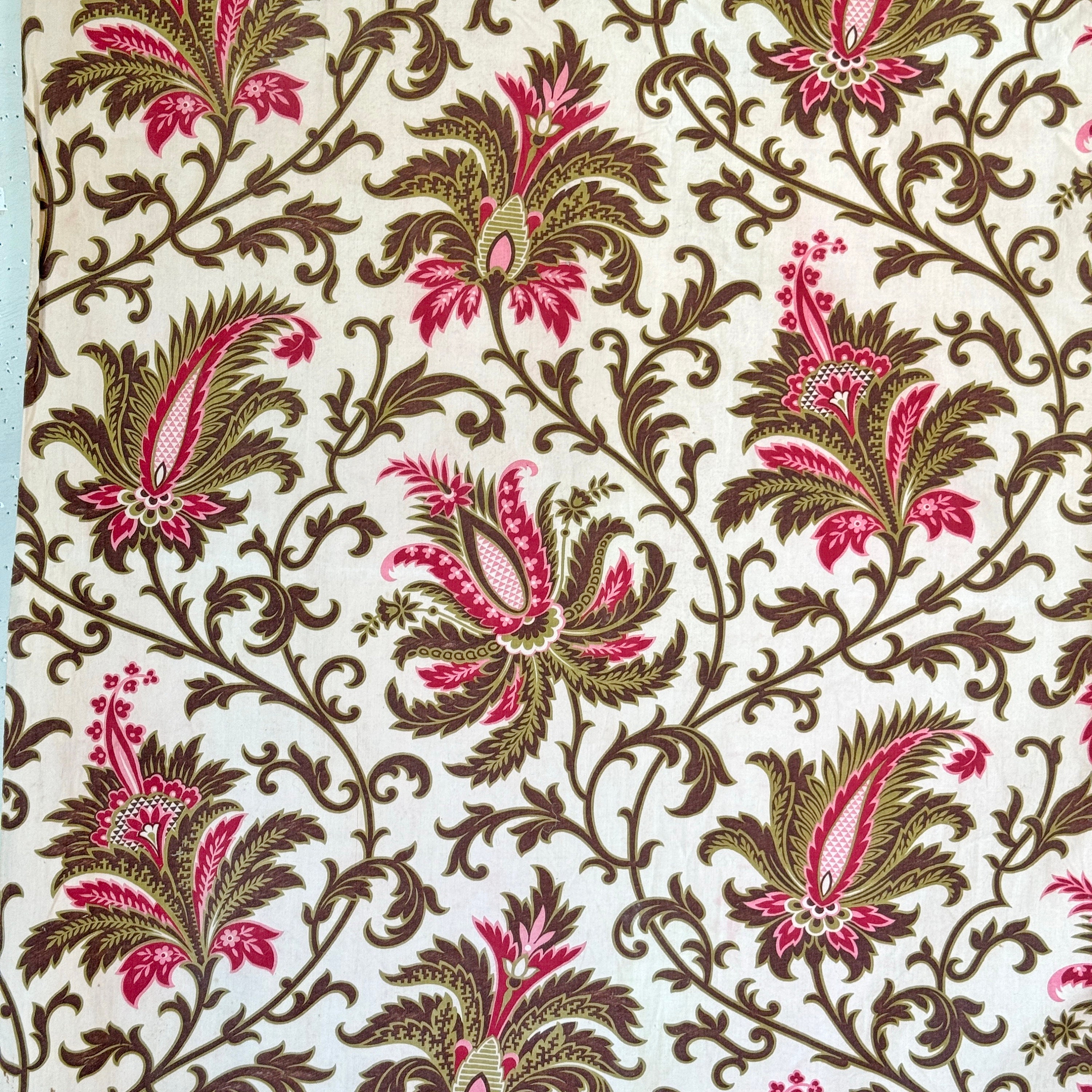 アンティーク ピンク&カーキ ティッキングクロス レース☨花柄 カーテンパネル アンティーク ピンク&カーキ ティッキングクロス レース☨花柄