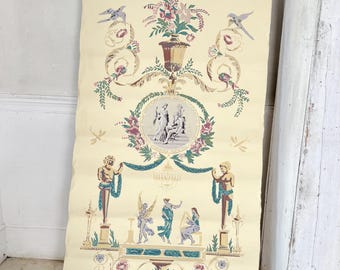 1820 Antique wallpaper French neoclassical figural panel hand block printed chateau chic wallcoverings muted tones unique wall art handmade