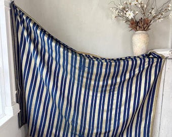 92x59 Blue Gold Silk French fabric curtain drape throw bedcover woven stripe striped textile European cottage chic Dramatic