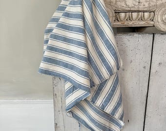 41x32 Antique French Ticking Blue Striped Fabric Stripes White