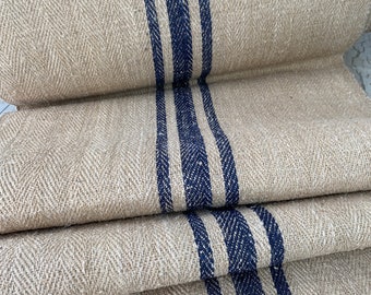 Organic Stair Runner Hemp Grain Sack Fabric Indigo blue  Stripes  Striped Antique Vintage Cottage  Cottagecore  Textile Trunk Coastal home