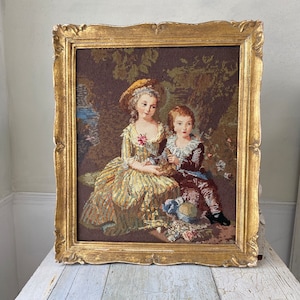MASTERPIECE Needlepoint ART Vintage French framed picture 19th century children artwork canvas portraitUnique window treatment eco-friendly