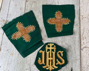 Religious liturgical ecclesiastical green gold embroidered sunburst Jesus IHS monogram important handmade silk embroidery eco-friendly