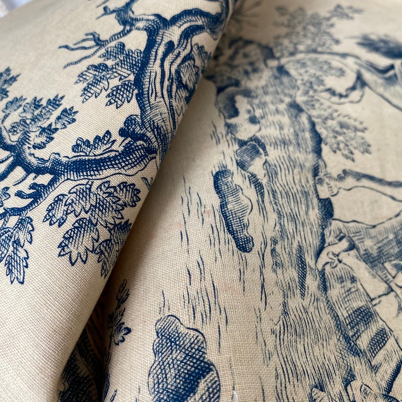 Aged toile de Jouy antique French fabric blue toile material Shabby chic French interior
