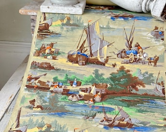 5.7 yards  French c1940s scenic wallpaper river boats oxen carts peasants sailing rural village pastoral paper vintage roll boho home decor
