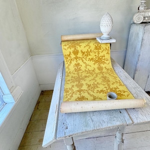 1920's 4 yd (8 lfd.) Französische Tapete Gelb Vintage Tapete beflockt Beflockung Unikat 1920er Landhaus Landhaus Dekor Shabby Landhaus Dekor 1920er