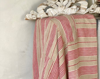 Curtain PATCHED Primitive Rustic Prim Red French fabric Antique  Fabric Ticking Striped Material old distressed aged textile eco-friendly