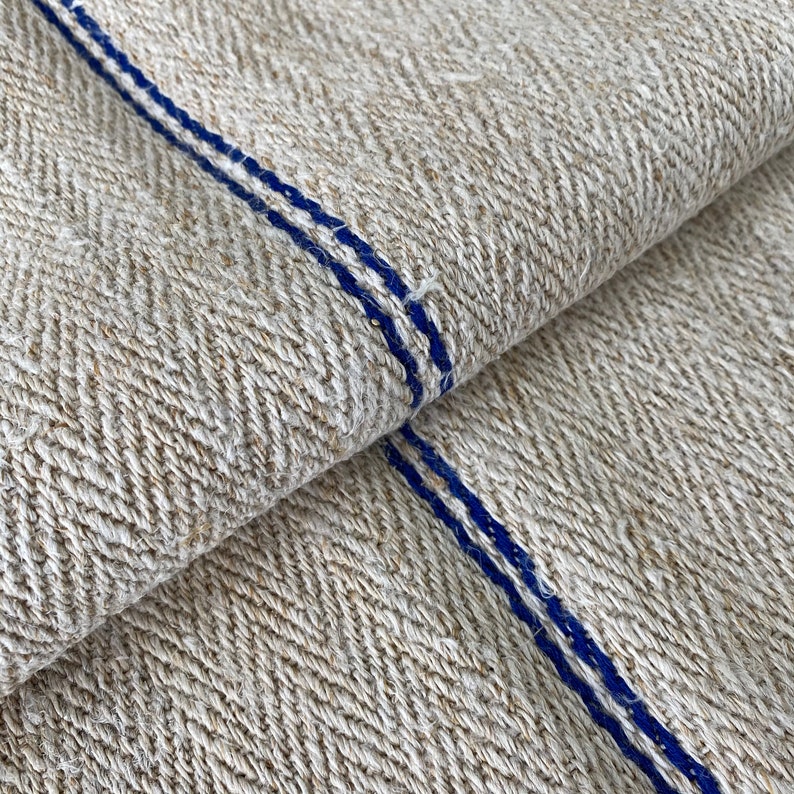 BLUE stripe greige ground Stair Runner Heavy Hemp Grain Sack Fabric by the yard Table runner image 8