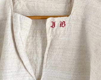 JB mono Antique French Chemise Linen Night Shirt Primitive Undergarment Folk Clothing Rustic Home Decor Textile Study Display Piece Vintage