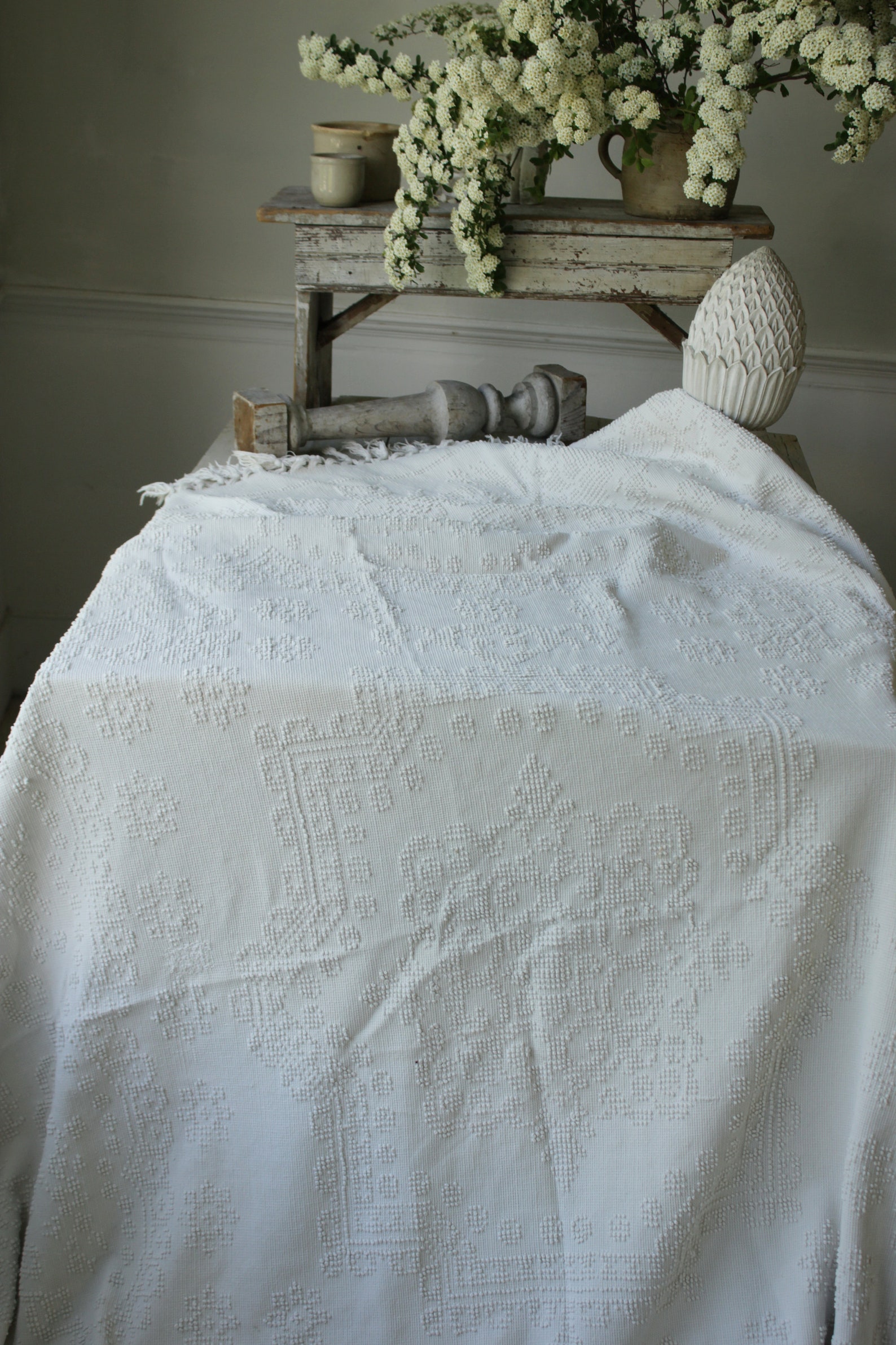 Vintage White Woven Blanket French Bed Cover Textile Handmade Etsy