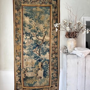100x45 18th French Aubusson Tapestry silk wool Verdure handmade Wall Art Farmhouse Castle core Cottagecore Country Decor Flemish style