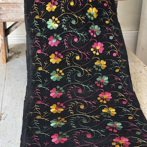 c 1890 PER YARD Black hand embroidered black taffeta silk embroidered jewel tones embroidery Turkish ? Hungarian? flocked velvet fabric