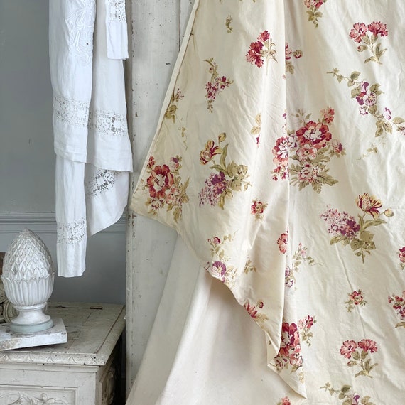 1930's Hand Block Printed Chintz Fabric Antique Rose French Bed