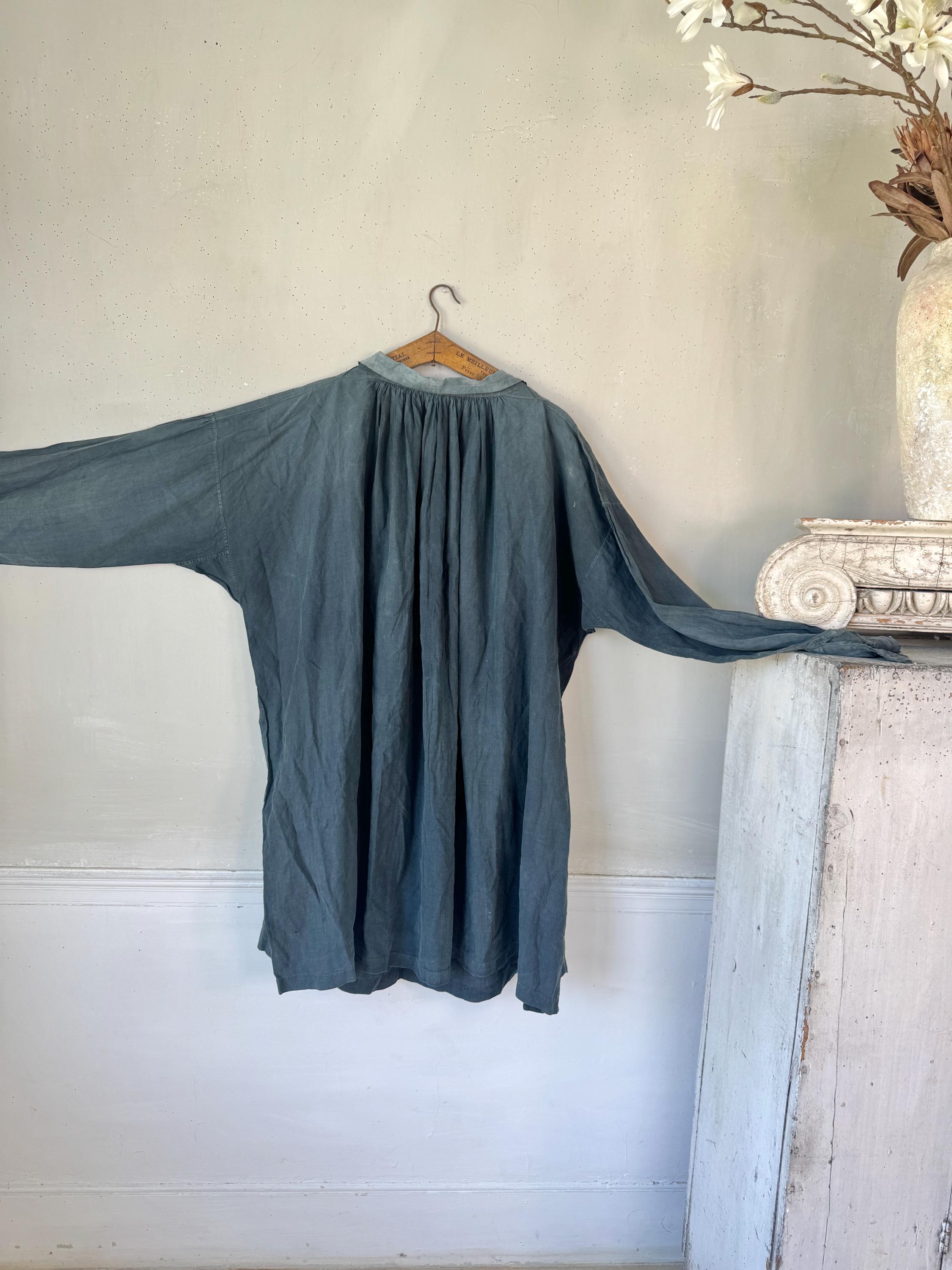 38 X 80 Antique Indigo Blue French Linen Smock Shirt Mid 1800s