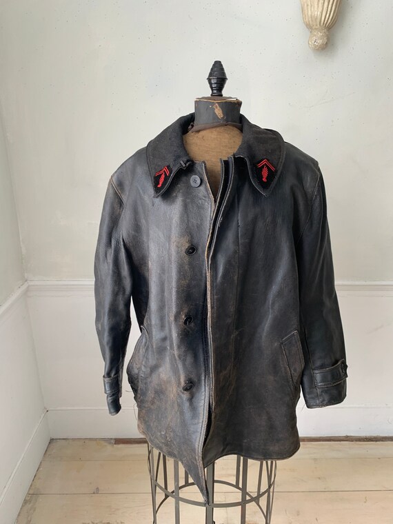 Vintage Leather Jacket With Military Collar Insignia Chevrons