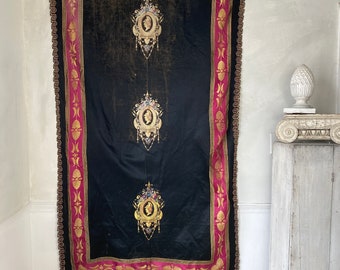 1870  Greek Look revival key design Antique French black SILK brocade  curtain passementerie trim  AMAZING 1870 The Textile Trunk