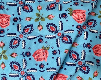 Blue rose fabric unused Vintage American cotton material quilting quilt sewing projects The Textile TrunkUnique window treatment