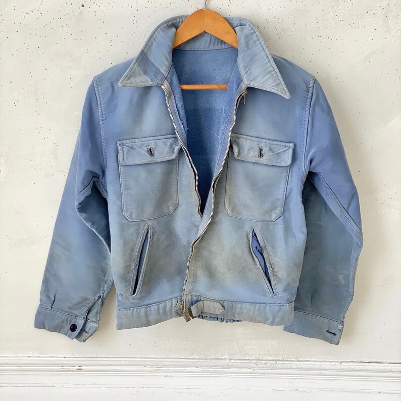 AMAZING WOW Vintage Jean Jacket French Blue Workwear Faded Antique Denim Distressed Coat image 5