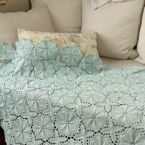 Pale  Blue dyed Antique French crocheted textile Crochet bed cover curtain tablecloth farmhouse cottagecore cottageUnique window treatment