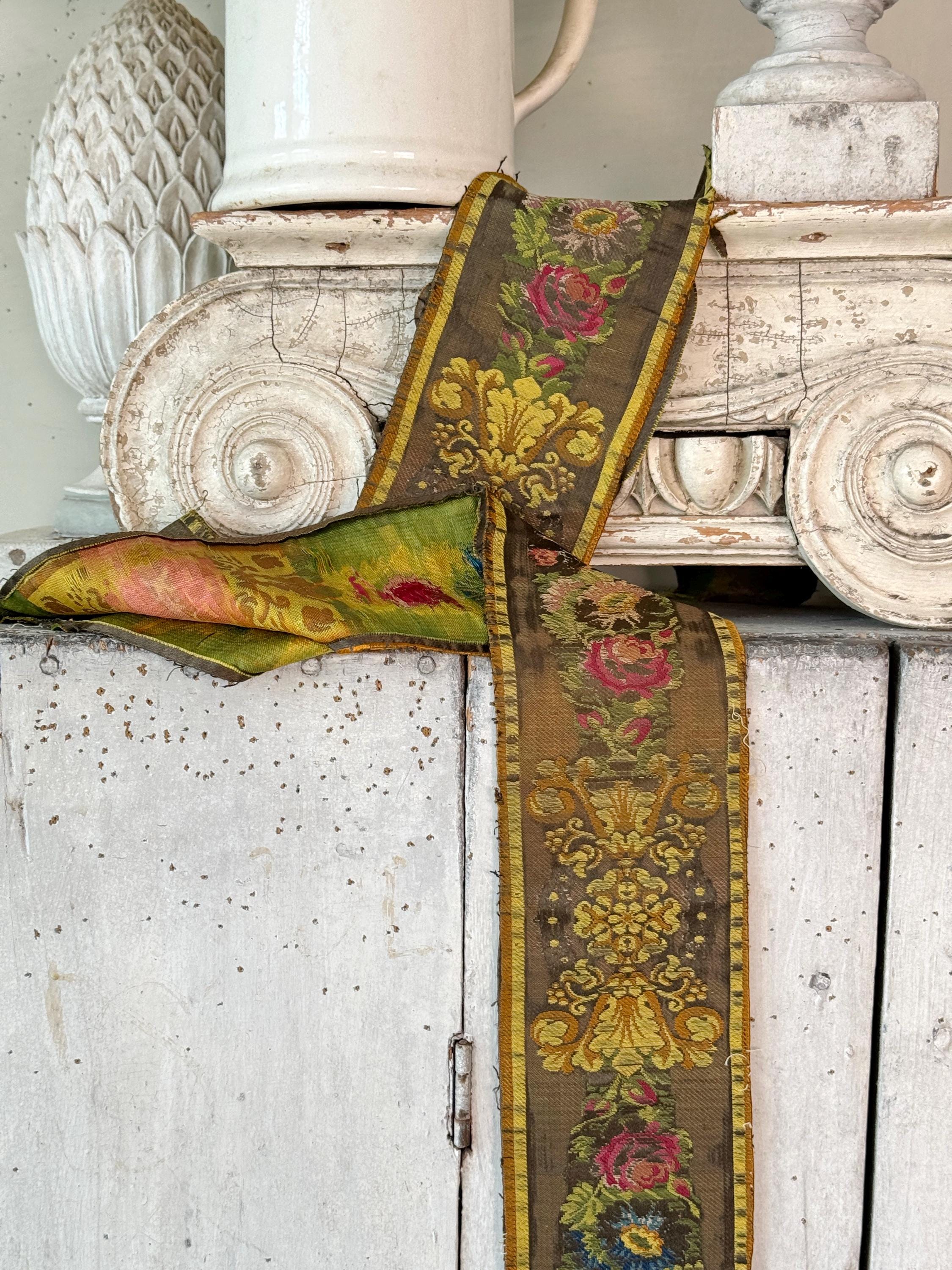 62 x4 ( 2 avail)  Antique silk brocade trim border fabric timeworn muted tones aged farmhouse cottage country shabby style decor