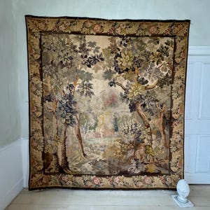 98x88 Antique French woven tapestry handmade wall art hanging unique LARGE Verdure Century French Aubusson-Style Pastoral Landscape Scene