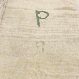 P monogram Vintage Grain sack Farmhouse rustic unique handmade antique hand woven linen French country Cottage chic grainsack VTG
