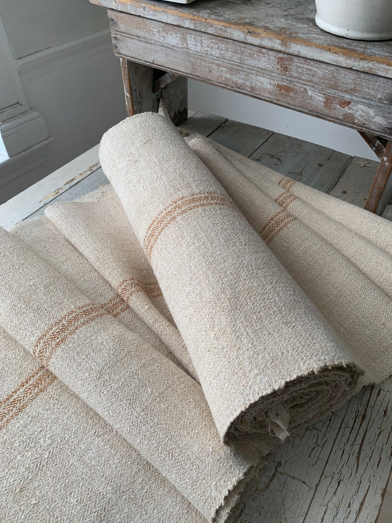 Grain sack Fabric Antique homespun linen caramel striped hemp table runner centerpiece sewing by the yard Herringbone weave image 3