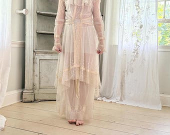 Antique Lingerie Dress Edwardian 1910s Ivory Tulle Net Embroidered Dots Satin Ribbon Tea Gown Small XS US Size 0 2 Titanic Bridal Wedding