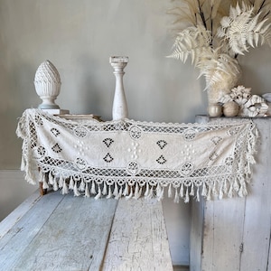 53 x17 Wall hanging valance table runner French handmade unique lace linen embroidery embroidered art hanging shabby farmhouse home decor
