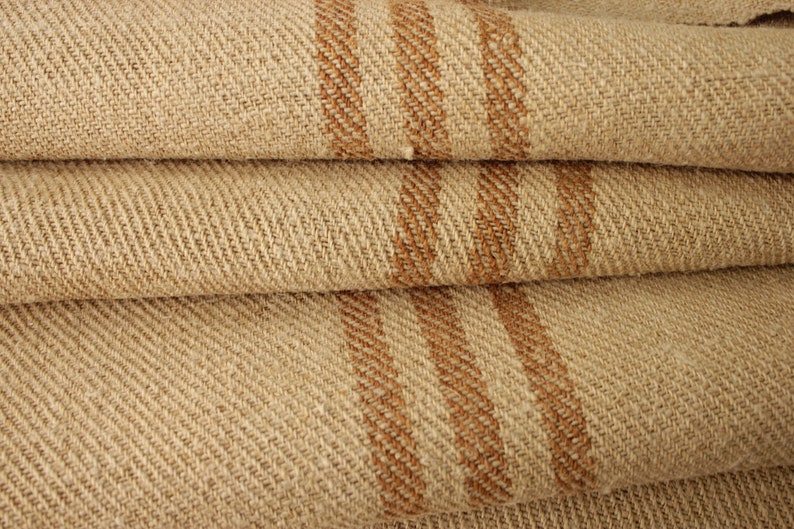 Grain sack Fabric Antique homespun linen caramel striped hemp by the yard