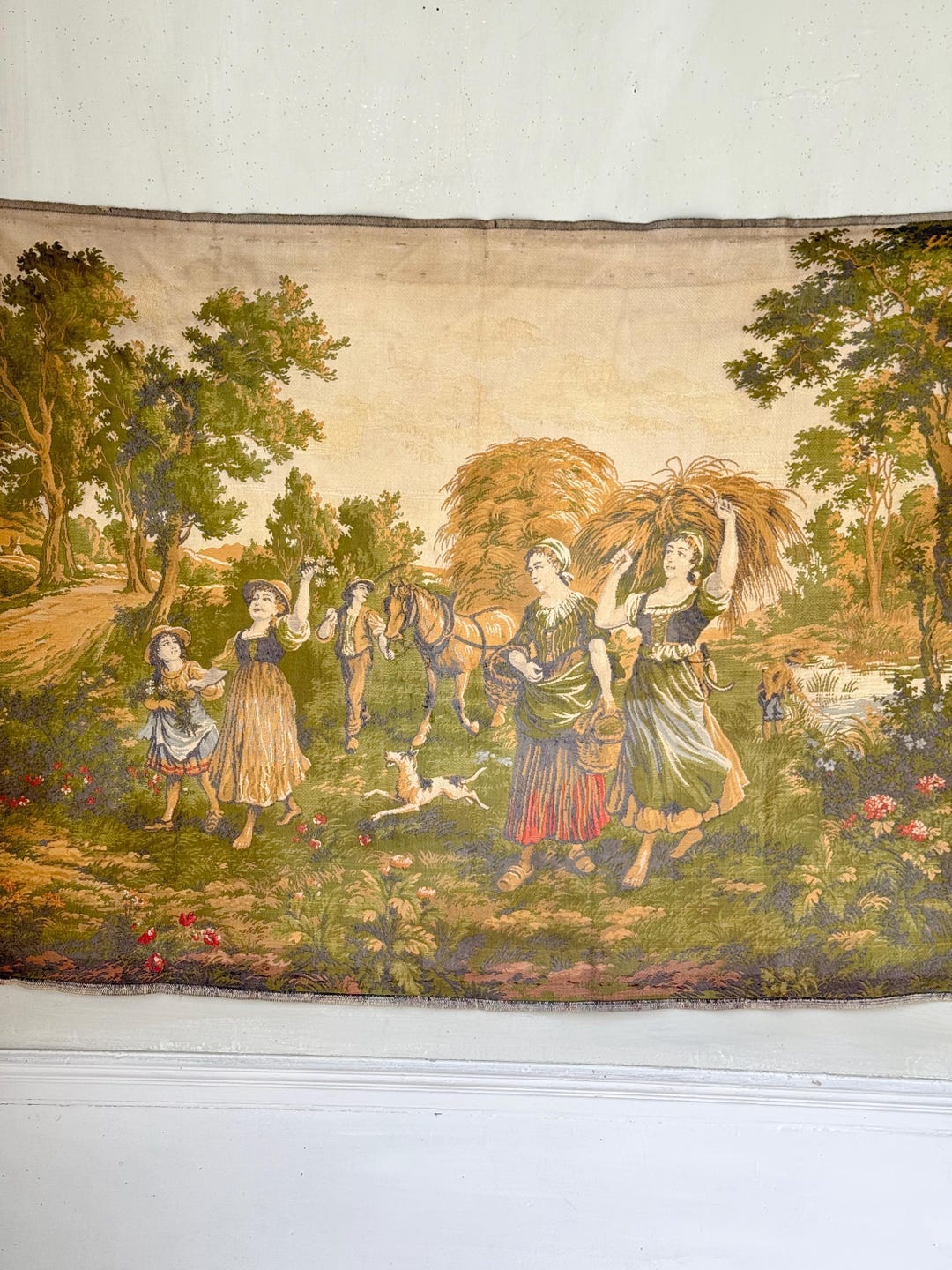 56x39 French Tapestry Panel 1930s 1940s Harvest Scene Woven Rural Wall ...