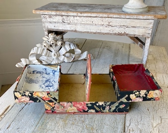 Vintage French fabric sewing box caddy decorative item country  cottage cottagechic decor Provence boho shabby decor eco-friendly