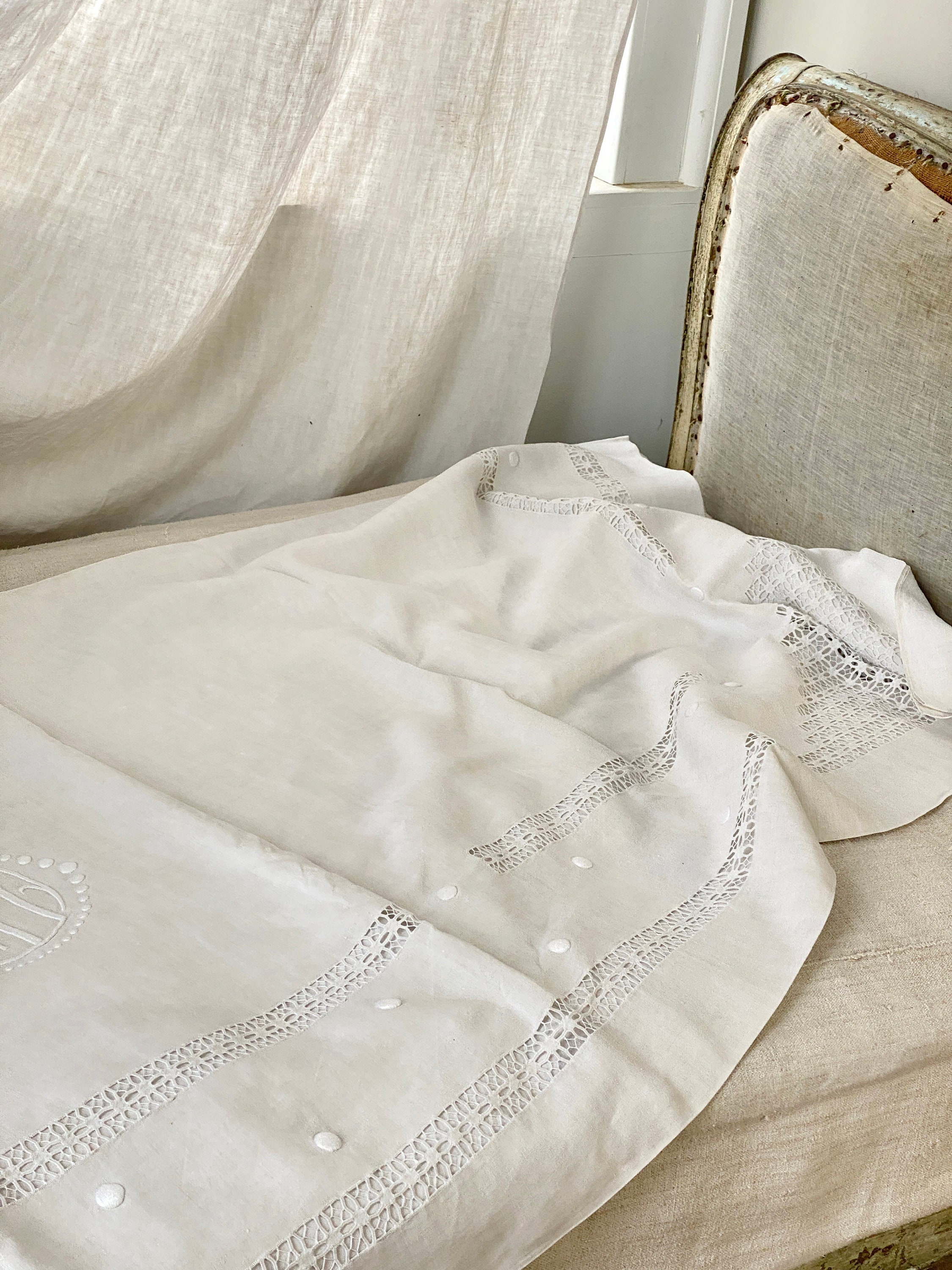 131X86 BD BEST Quality Pure Linen Monogram Antique French