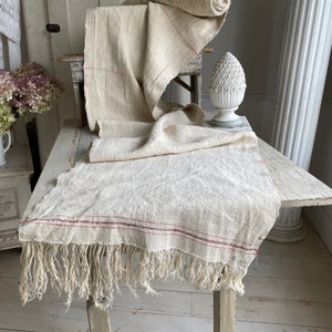 Heavy weight Upholstery  fabric material c1900 hand woven linen from Europe grain sack grainsack red stripe eco-friendly