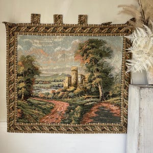 54x47 Vintage Tapestry French wall art hanging textile trunk Castle Castlecore shabby cottage farmhouse chateau home decor style verdure old