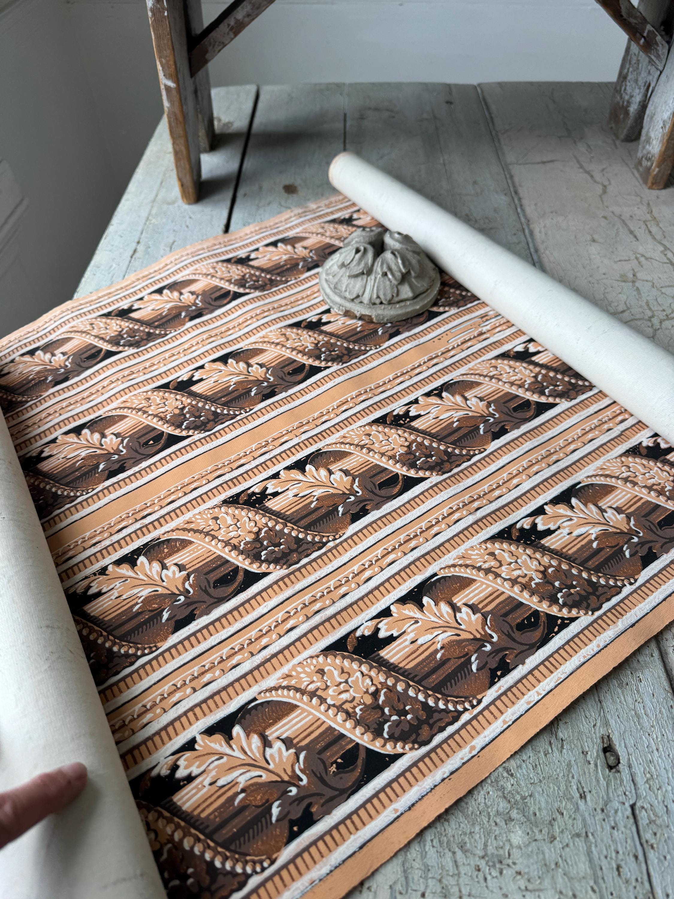 5.1yd 1900 Antique French Wallpaper Pattern Design Brown Tan Stripe ...