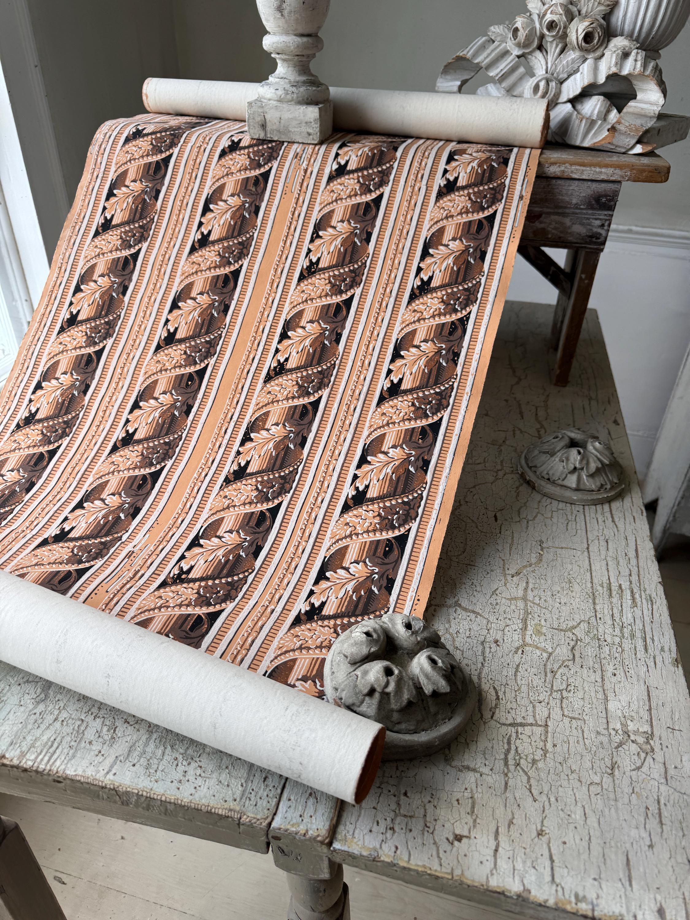 5.1yd 1900 Antique French Wallpaper Pattern Design Brown Tan Stripe ...
